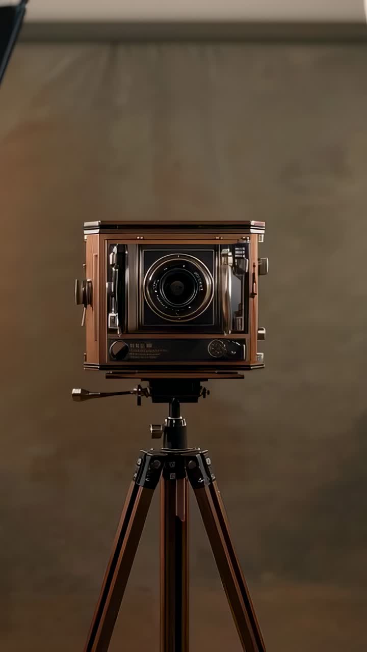 Video verticale: macchina da presa in legno con zoom su un treppiede che si avvicina in studio per mostrare i dettagli dell'obiettivo