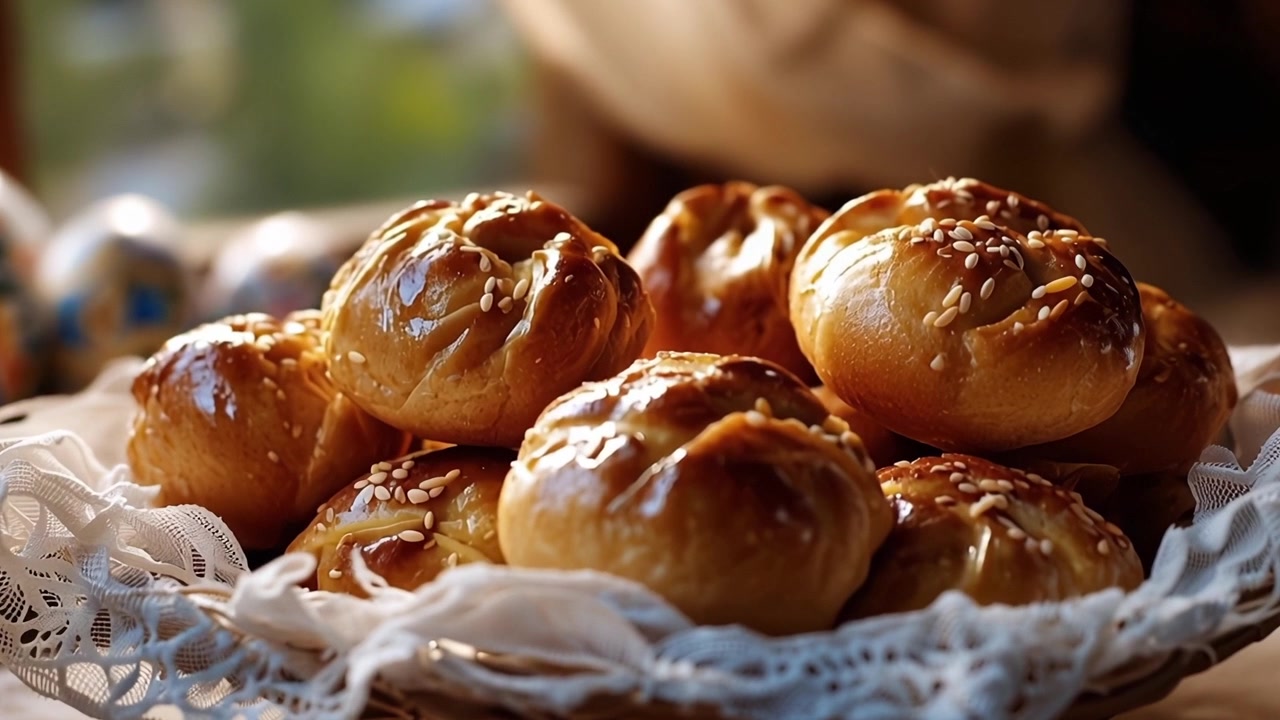 Golden Brown Buns and Easter Eggs by a Sunny Window