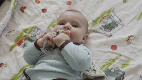 a four months old baby, lies on the coach with colorful bedsheet and playing with the baby's dummy toys, holding it in his hands