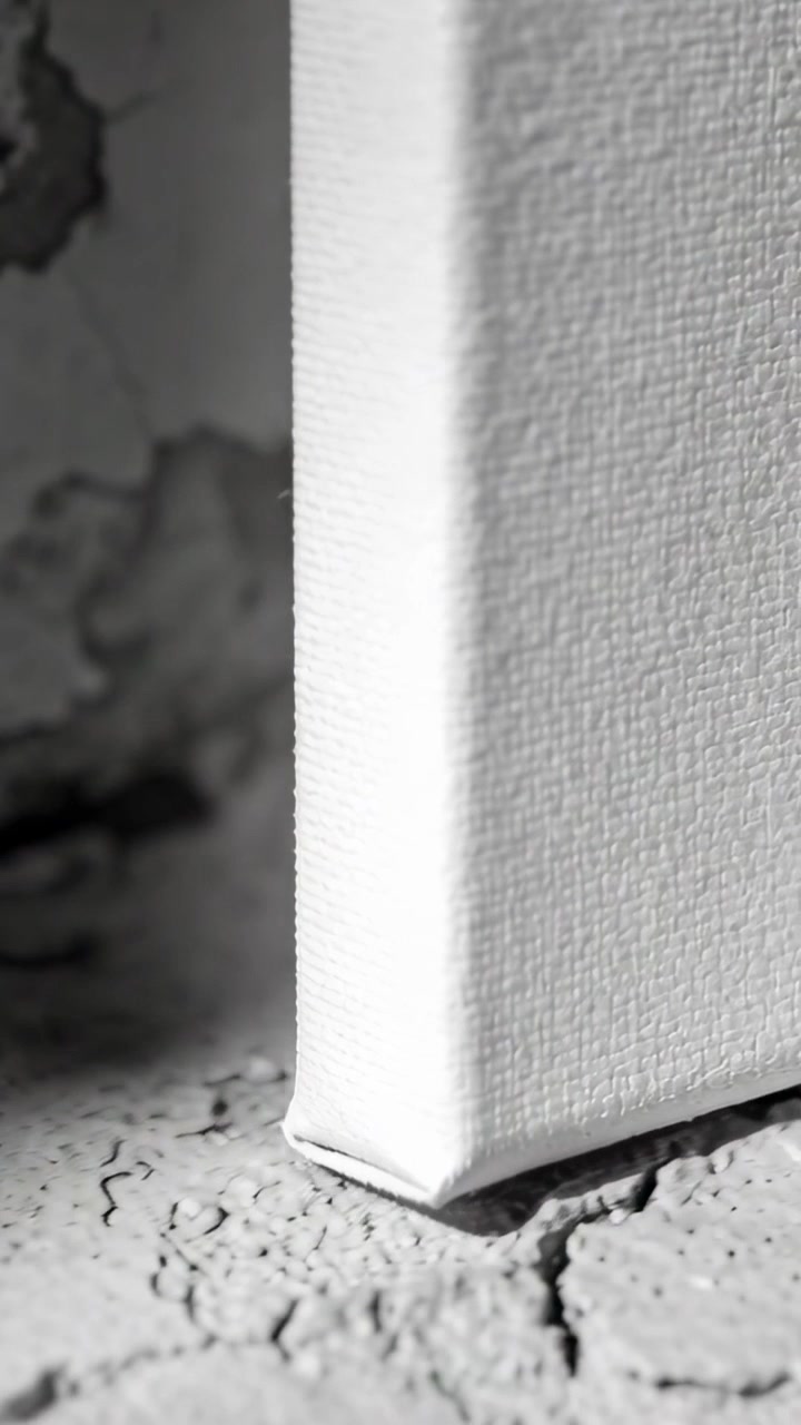 Vertical video: Panning camera revealing stretched canvas corner at studio, studying texture, decay