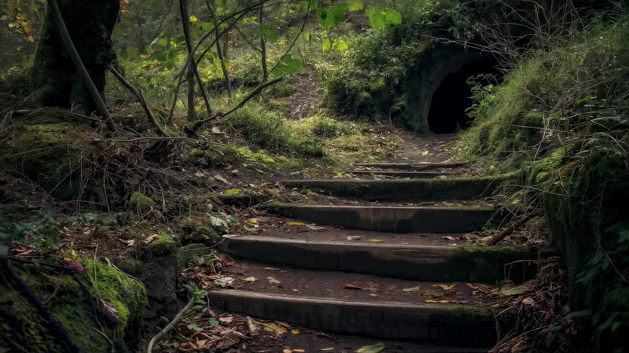 Moss covered wooden stairs winding through dense forest, leading to shadowy tunnel entrance, revealing mysterious woodland pathway shrouded in autumn foliage and quiet wilderness atmosphere