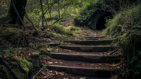 moss covered wooden stairs winding through dense forest, leading to shadowy tunnel entrance, revealing mysterious woodland pathway shrouded in autumn foliage and quiet wilderness atmosphere