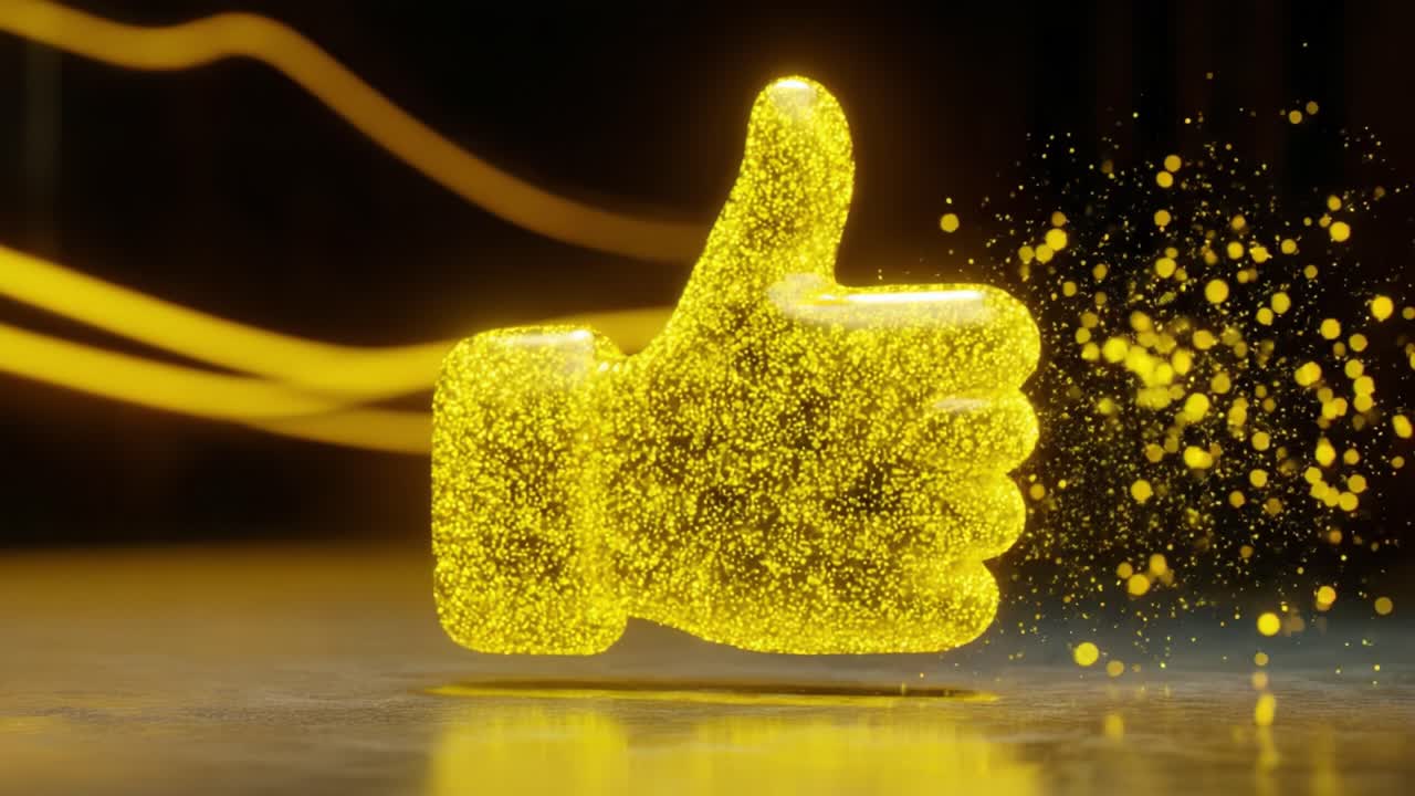 A Glowing Golden Thumbs-Up: A Symbol of Approval and Positivity Emitting Glittering Particles in Motion Against a Dark Background