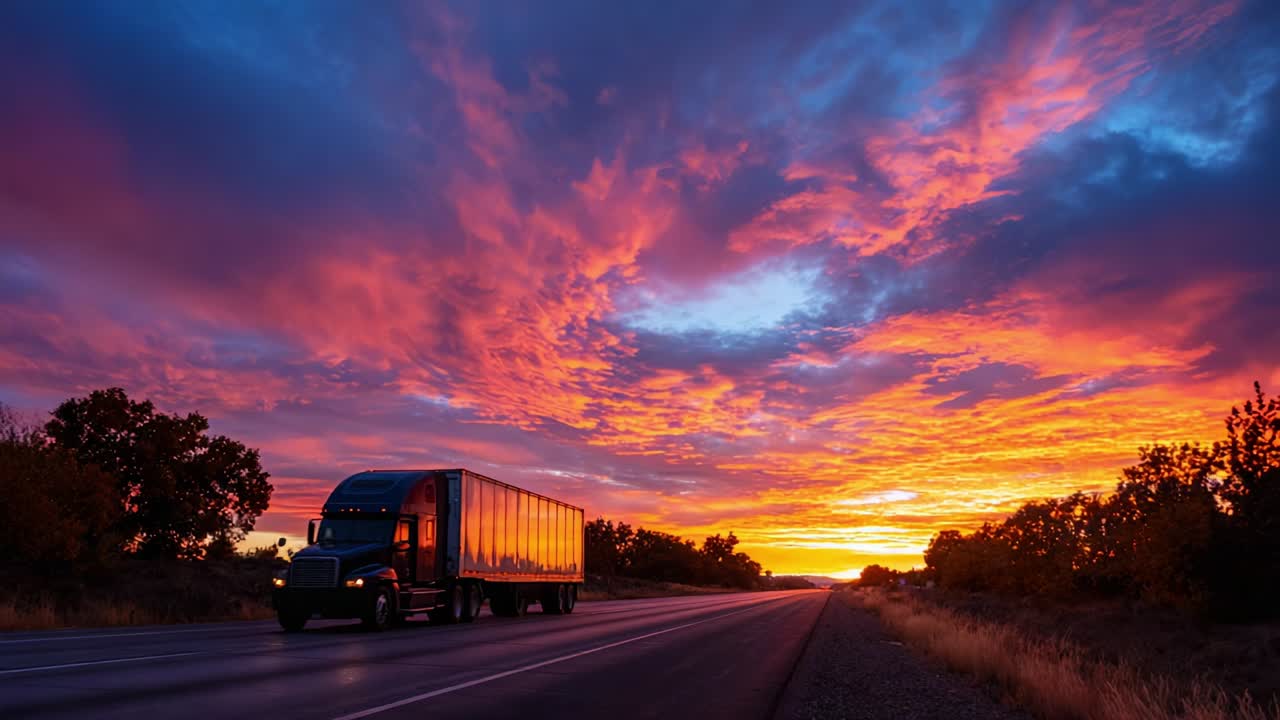 A stunning transition from dusk to dawn with a majestic sunset sky against a backdrop of a winding highway, as a truck journeys through the vibrant colors reflecting nature's beauty and serenity