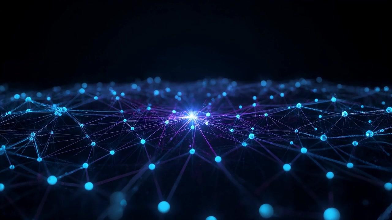 Pulsing central purple hub node sending rays, brightening nodes across data mesh, showing data flow