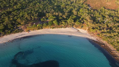 Aerial-drone-footage-of-turquoise-clear-water-beach-in-early-morning-light