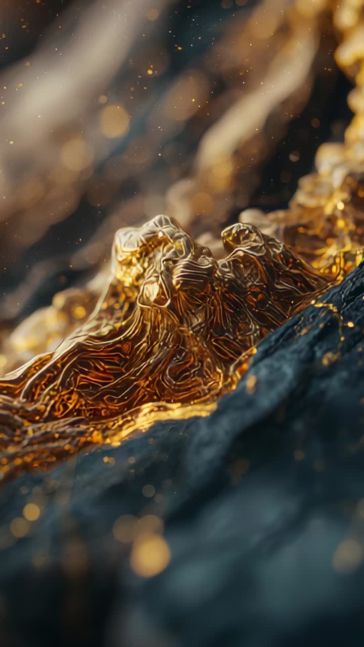 Vertical video: Lighting gold filament ridge settling on dark base in studio with warm bokeh specks