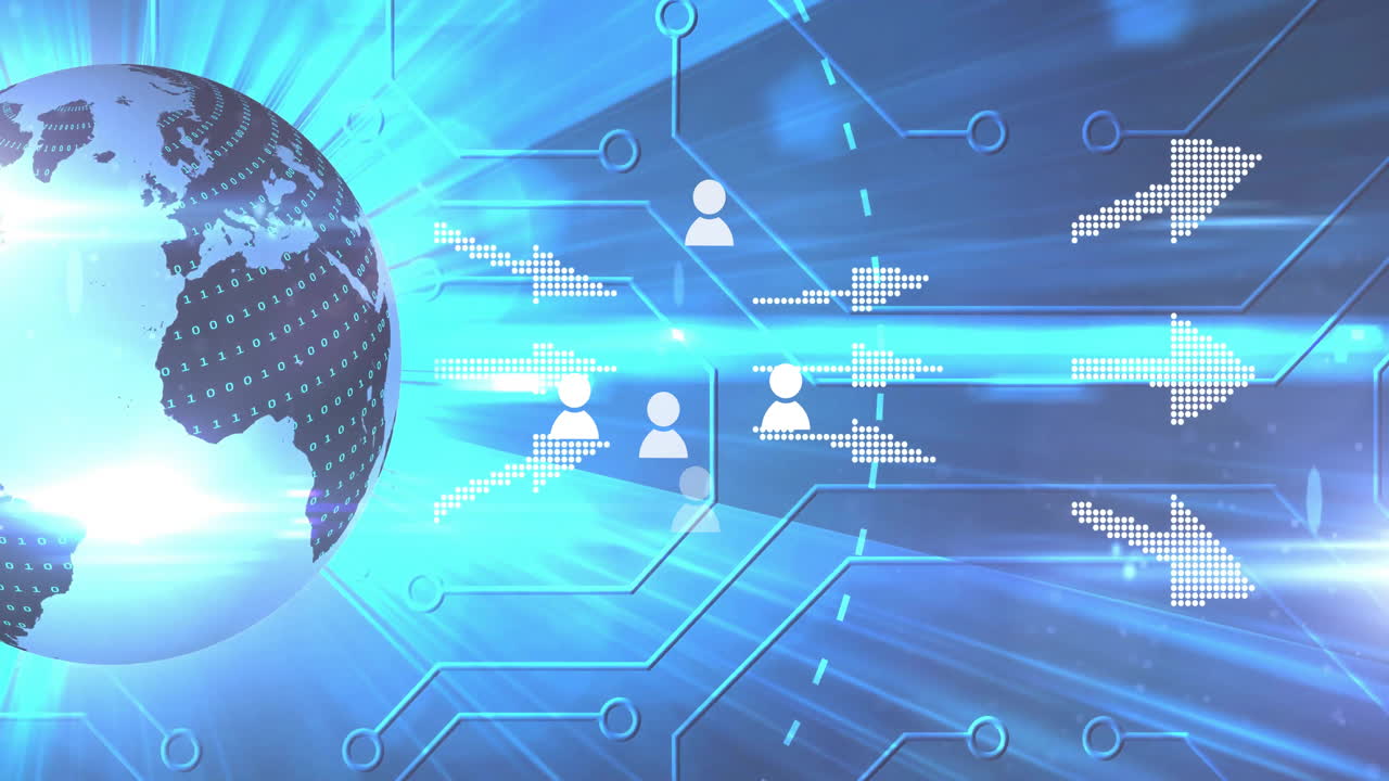 Digital globe with network connections and data flow animation on blue background