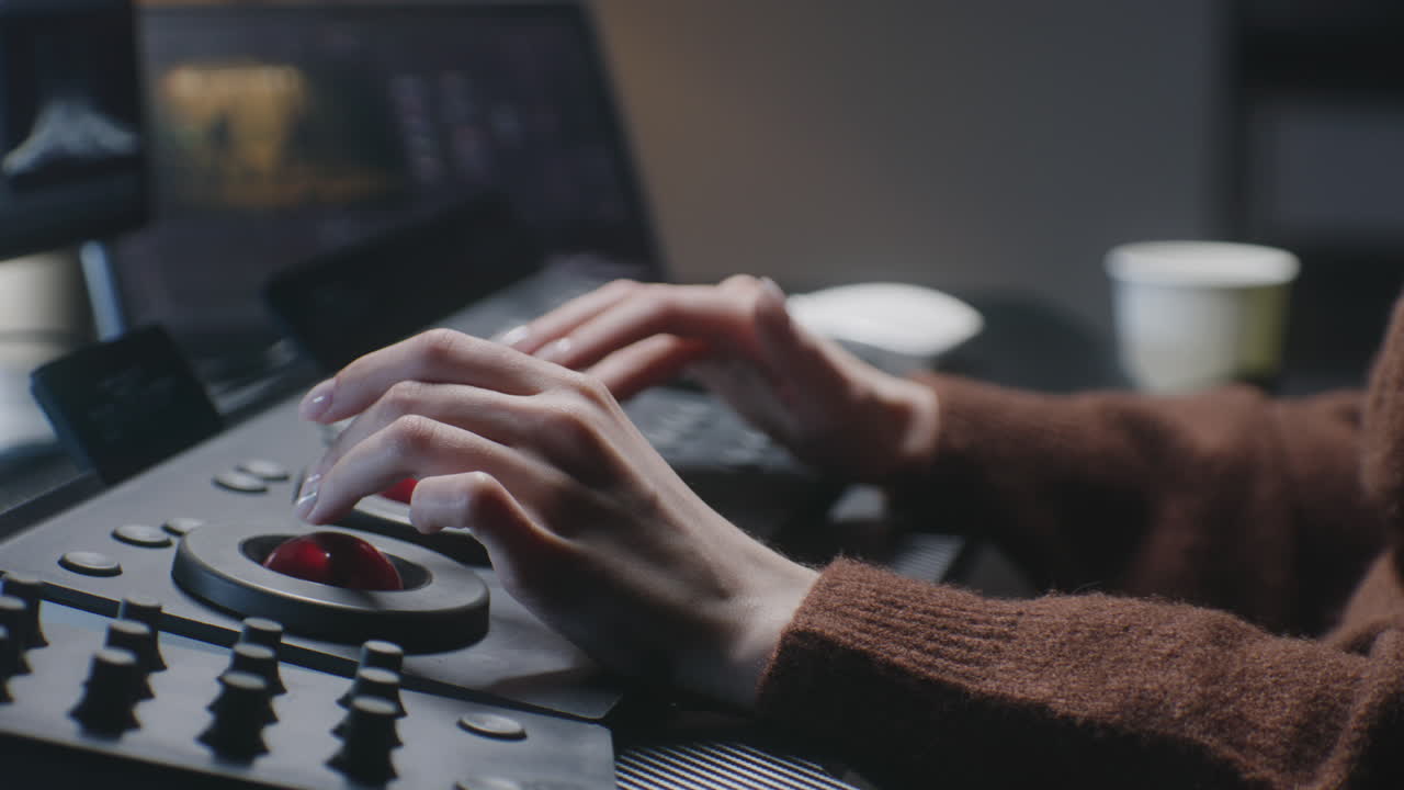 Close-up of hands using a video editing or graphic design control panel
