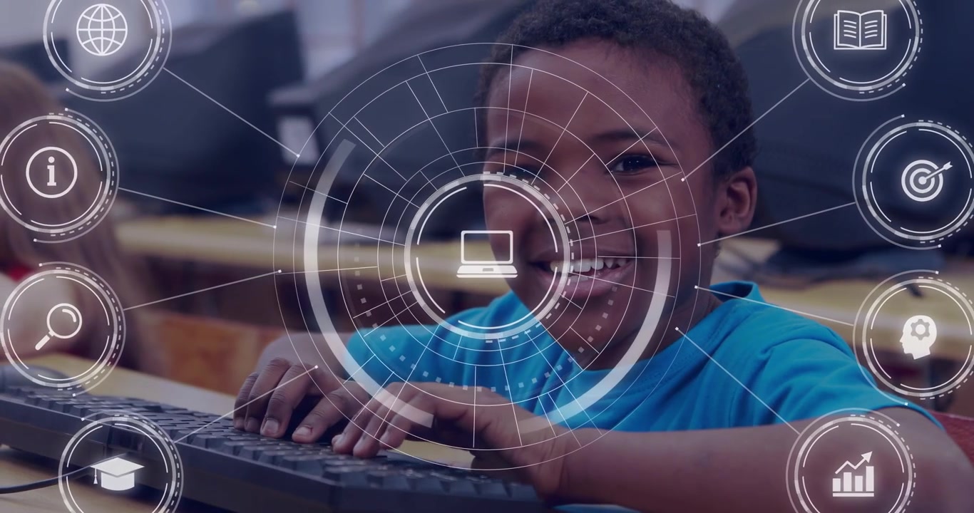 Boy student typing in education lab after rotating overlay and camera shifting, engaging HUD icons