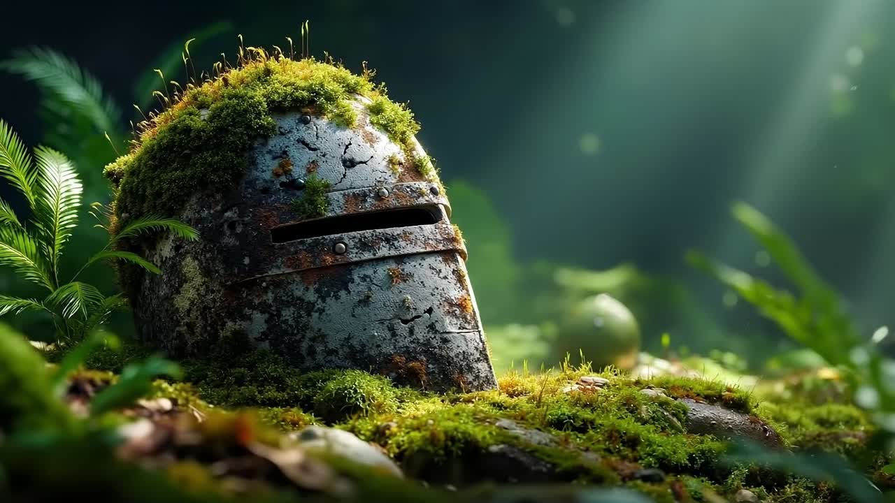 A helmet sitting on top of a moss covered rock in the woods