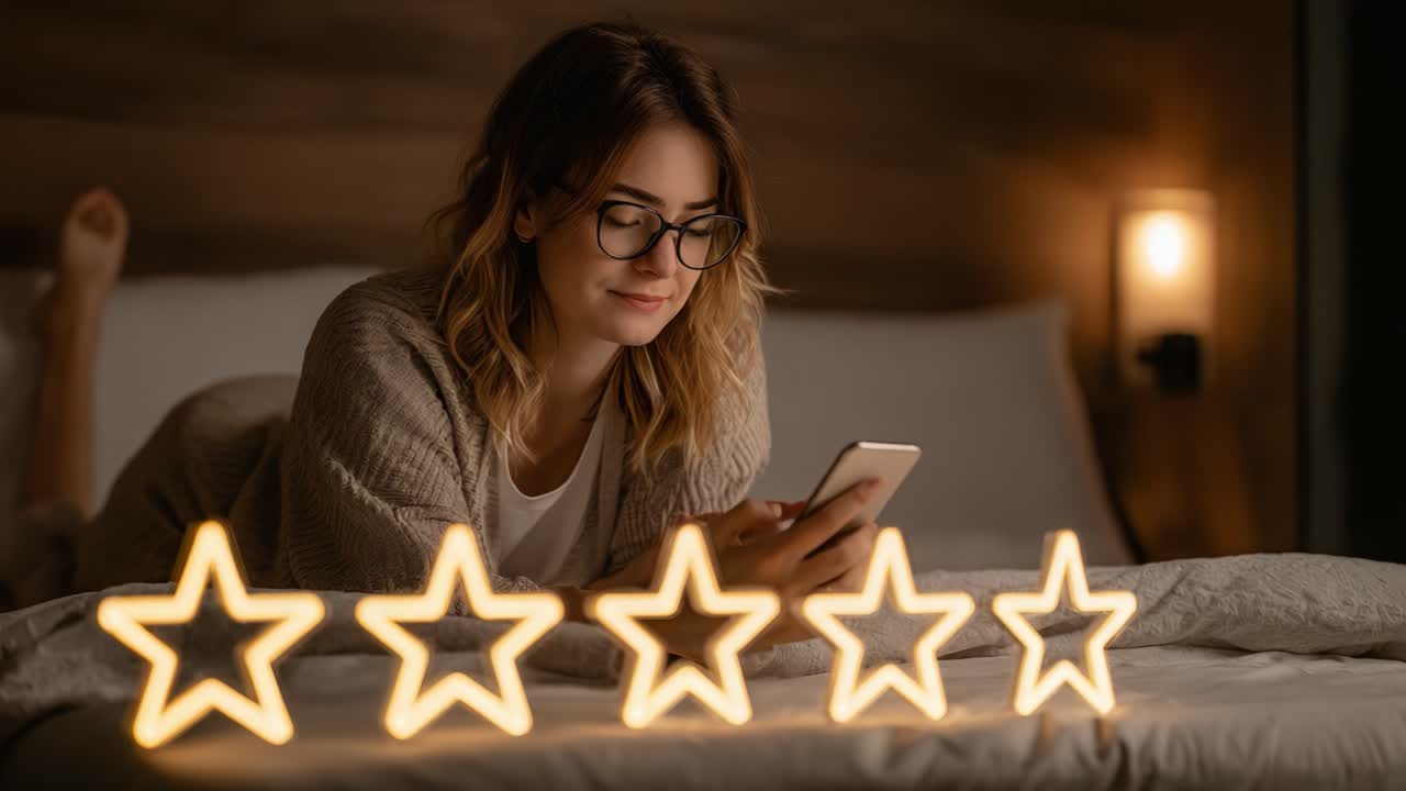 A young woman reviews her day while lounging on a cozy bed, illuminated by glowing star-shaped lights, capturing a moment of joy and relaxation during nighttime