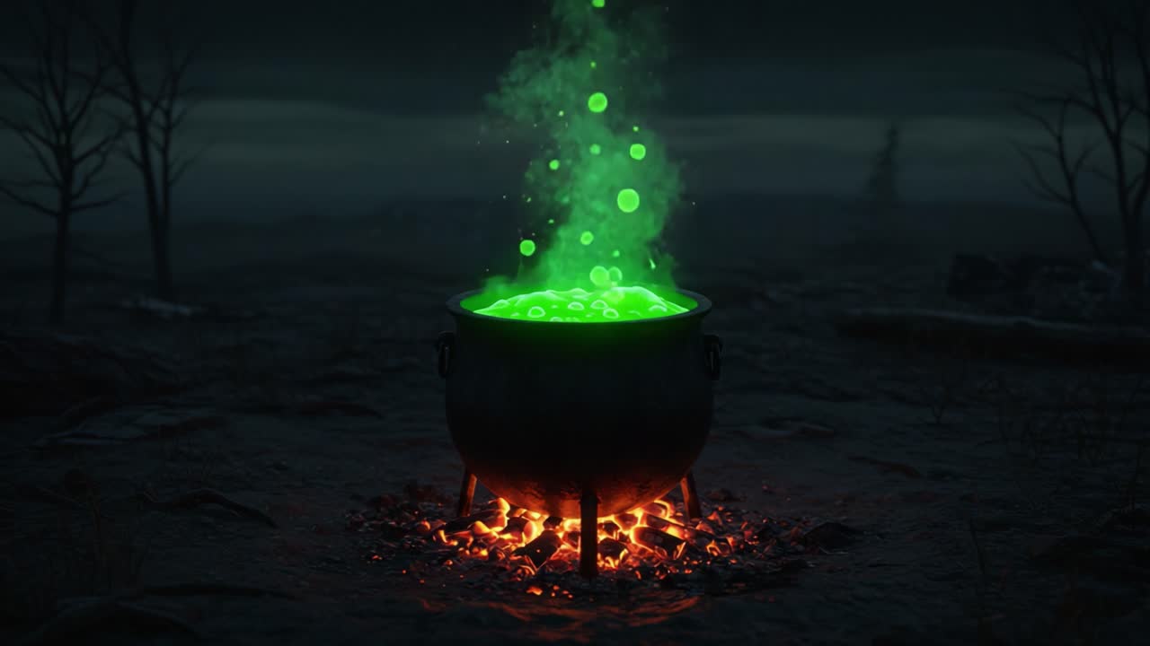 A Mysterious Cauldron Bubbling with Bright Green Liquid, Surrounded by Eerie Darkness and Faint Tree Silhouettes, Evoking an Enchanting Yet Ominous Atmosphere