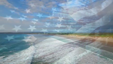 animación de la bandera estadounidense ondeando sobre una playa soleada