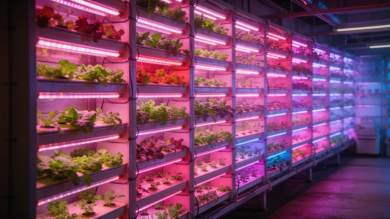Eine gleitende Kamera dokumentiert inszeniertes Wachstum auf Hydroponik-Regalen in einer Farm unter pink-blauen LED-Lichtern.