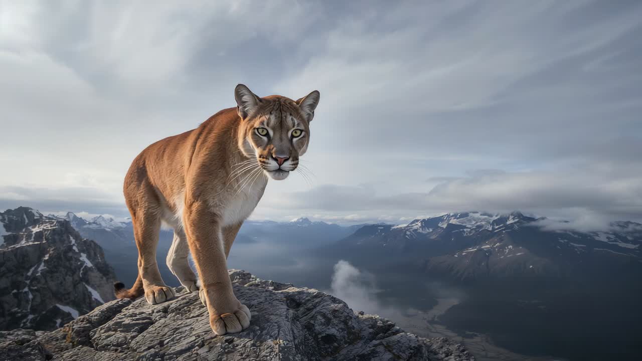 Puma adulto acercándose y avanzando en una cima rocosa, inspeccionando la cámara y examinando los picos nevados