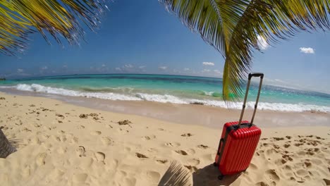 wide-angle video shot of a red suitcase on a tropical beach, under palm leaves, capturing the serene