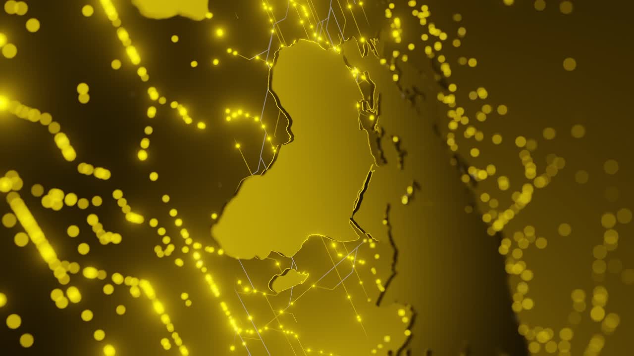 빛나는 황금색 3d 지도는 유럽, 아시아 및 아프리카의 일부를 강조하며 어두운 배경에 빛나는 네트워크 연결을 보여줍니다. 글로벌 데이터, 기술 및 연결 수직의 미래 개념