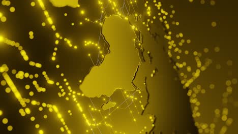 mapa 3d dorado brillante que destaca europa, partes de asia y áfrica con conexiones de red iluminadas en un fondo oscuro concepto futurista de datos globales, tecnología y conectividad vertical
