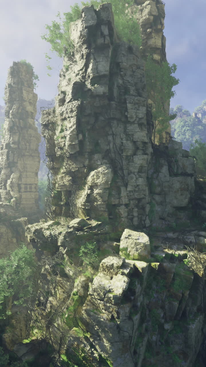 Majestic rock formations surrounded by lush greenery in a mountain landscape