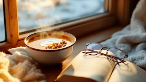 warm bowl of soup with steam rising, placed on a wooden window sill, accompanied by glasses and an open book, creating a cozy and inviting atmosphere for relaxation and comfort
