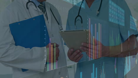 doctors holding clipboard and tablet, medical data analysis animation over them