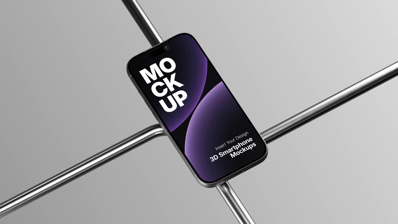Mockup 3D di Smartphone Fluttuante Sopra una Griglia Metallica