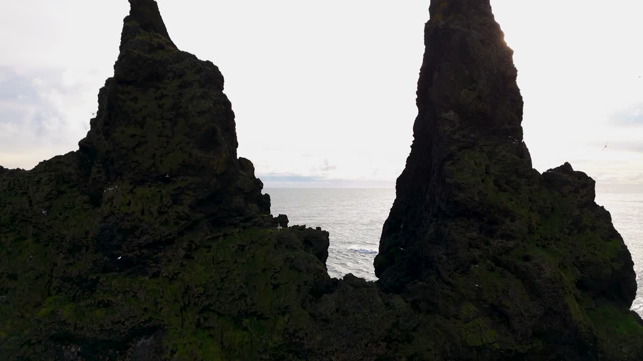 Ripresa aerea di presentazione dei faraglioni di basalto di Reynisdrangar circondati da uccelli