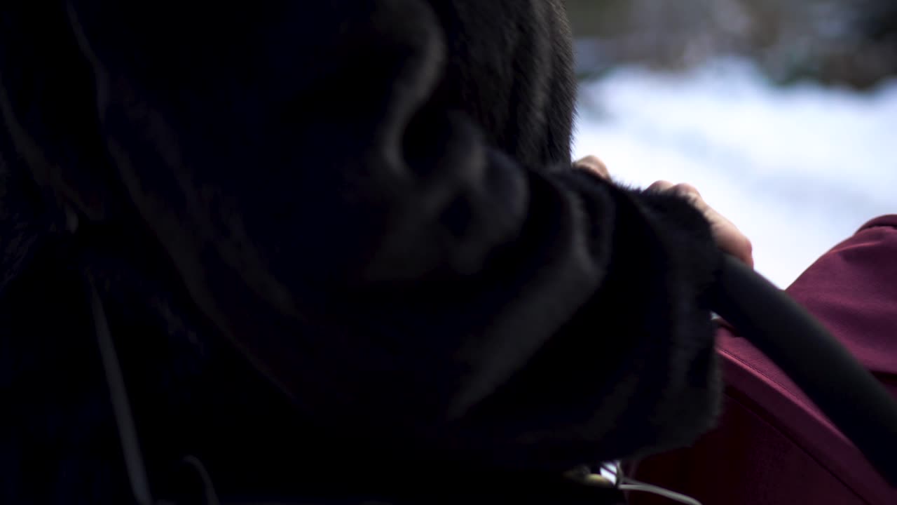 mujer empujando un cochecito de bebé en invierno