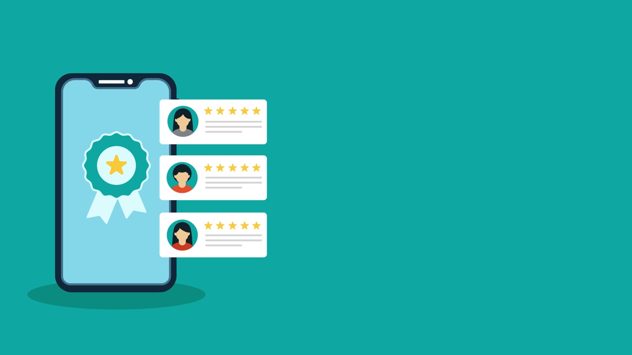 Animated Illustration of Smartphone with Customer Reviews and Star Ratings
