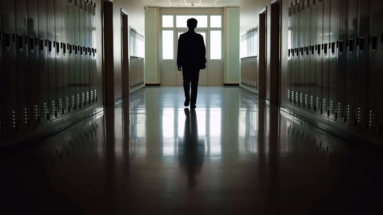 Silhouette di uno studente che cammina lungo un corridoio verso una finestra luminosa tra file di armadietti, pavimento lucido e riflettente