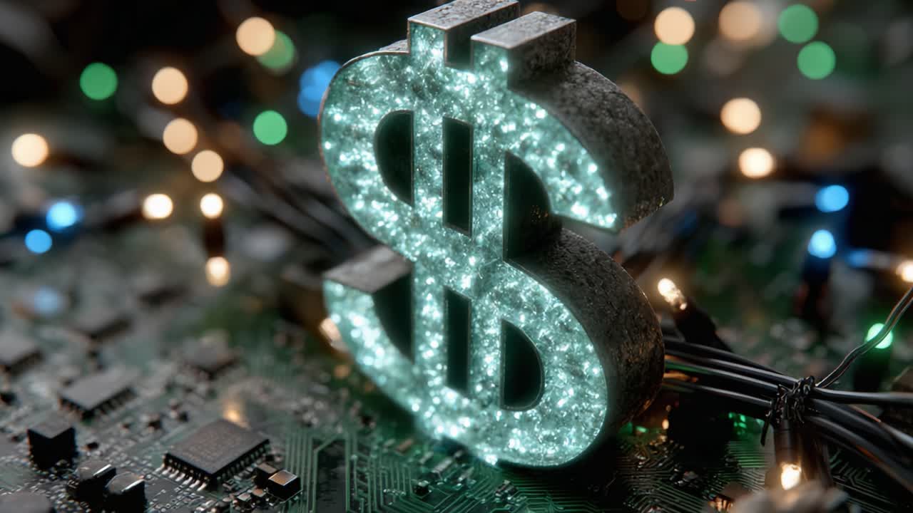 Illuminated Dollar Sign on Circuit Board Background: A Fusion of Finance and Technology Showcasing Digital Currency in a Modern Economic Landscape