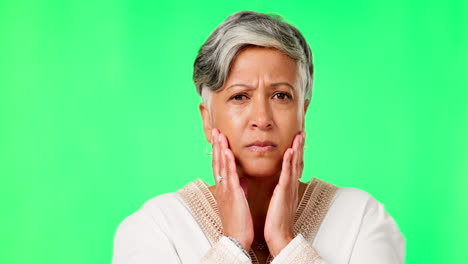 Woman,-portrait-and-confused-with-green-studio
