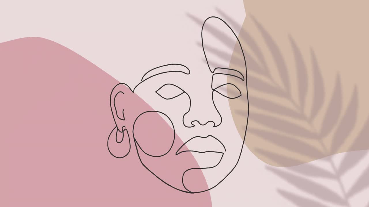 Animação de desenho de rosto com contorno preto contra folha em movimento em fundo rosa pastel.