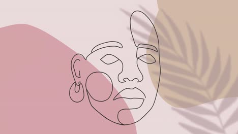 animation of drawing of face in black outline against moving leaf on pastel pink background