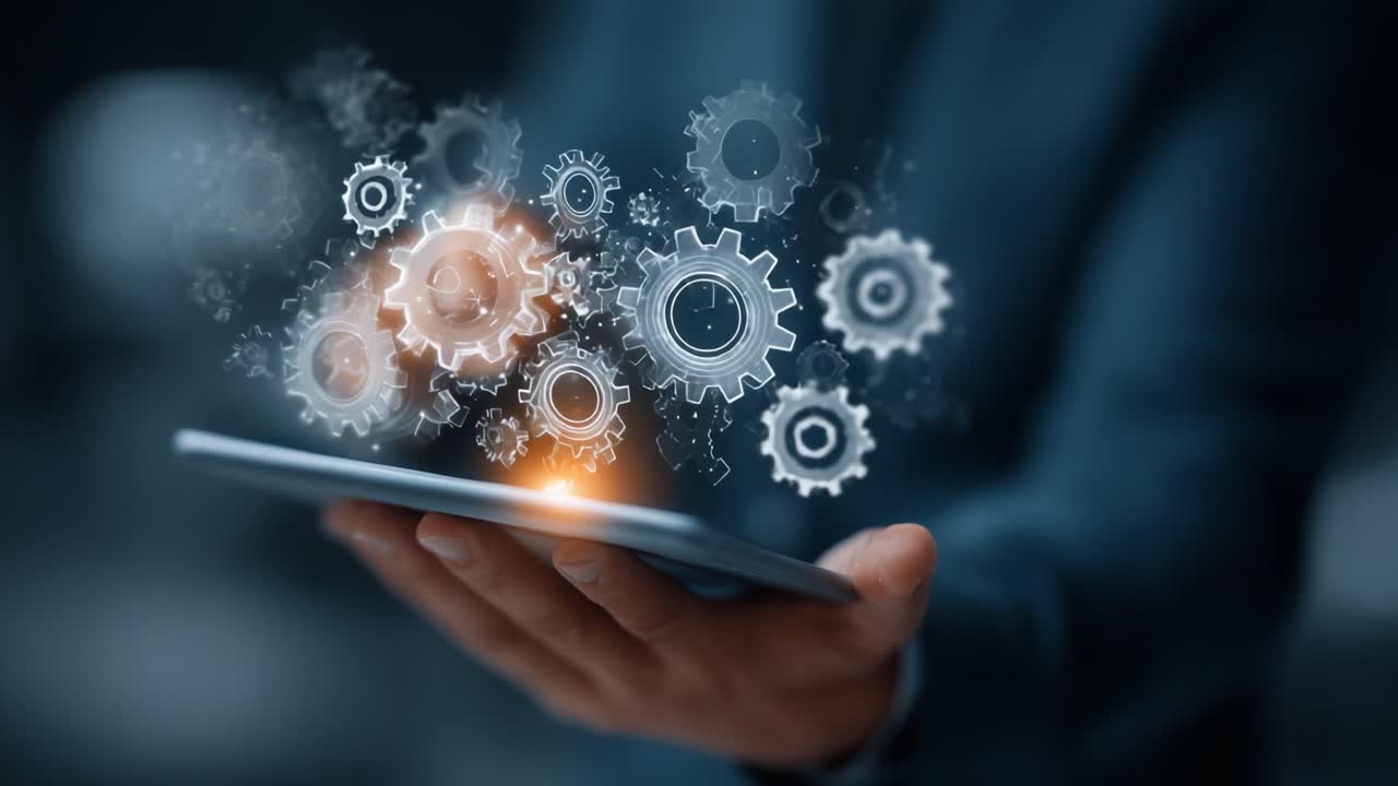 Innovative Technology Representation: An Individual Holding a Device with Floating Gears Symbolizing Automation and Digital Transformation in a Modern Context