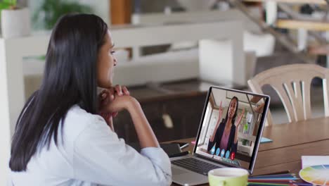 Mujer-Caucásica-Usando-Una-Computadora-Portátil-En-Una-Videollamada-Con-Una-Colega-Que-Trabaja-Desde-Casa