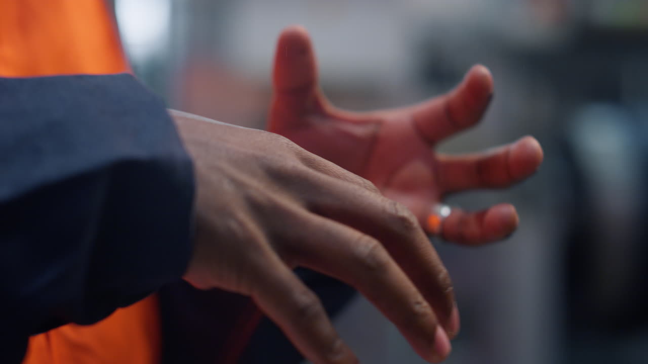 Engineer hands explaining at digital energy manufacturing company closeup