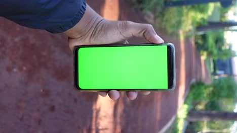 persona sosteniendo un teléfono con una pantalla verde en un parque