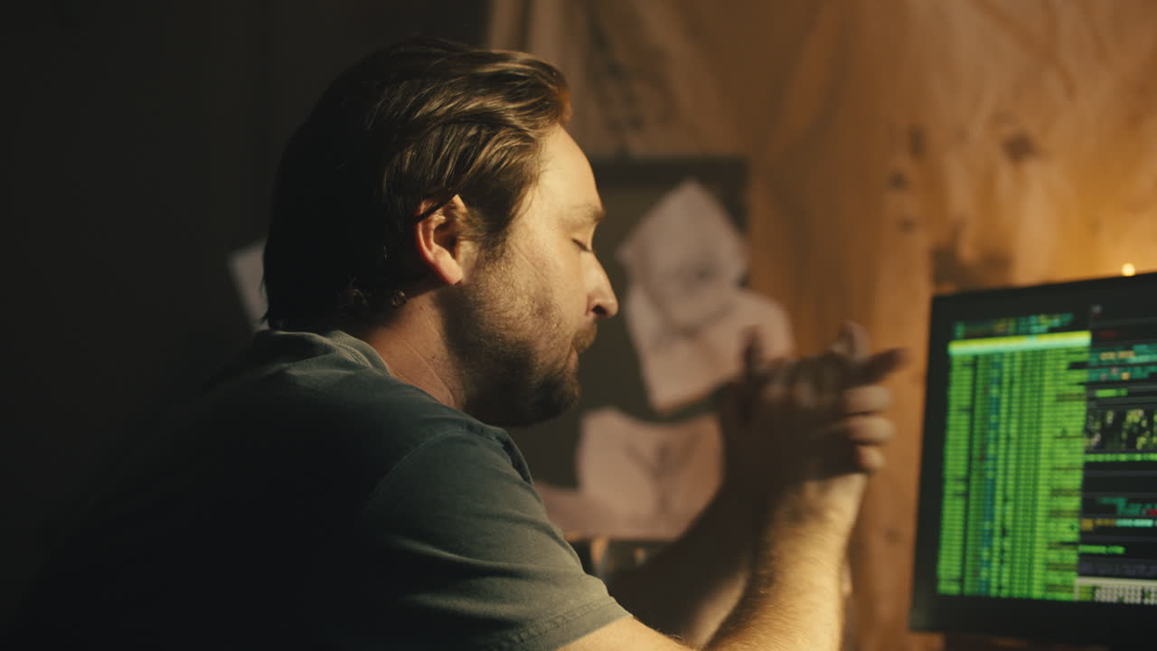 el hombre se estresa en la computadora con datos en pantalla con las manos cruzadas, mientras la luz entra por una ventana