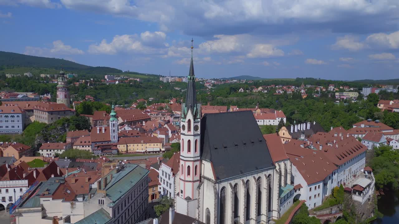 Breathtaking aerial top view flight Czech Republic historical Cesky Krumlov Vltava river in summer time 2023, world heritage in Bohemia