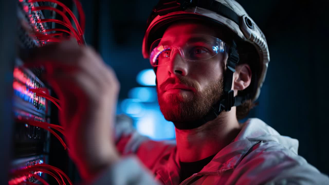 Focused technician working on complex wiring systems in a dimly lit environment, showcasing precise movements and attention to detail while ensuring optimal connectivity and safety for electronic setups