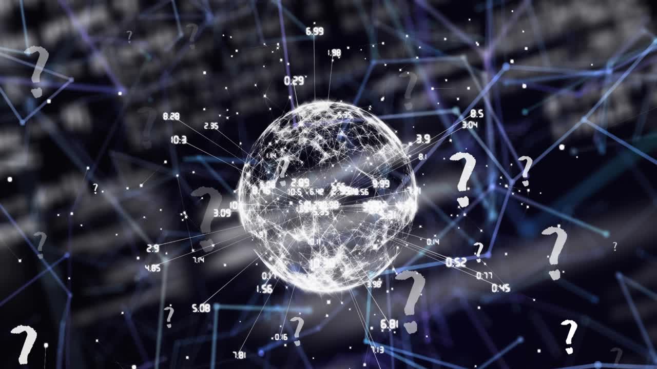 Animation of question mark icons over network of connections and data processing on black background