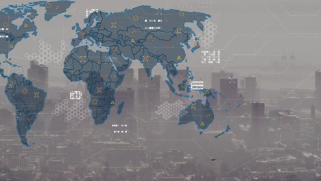 Animación-Del-Mapa-Mundial-Y-Procesamiento-De-Datos-Frente-A-La-Vista-Aérea-Del-Paisaje-Urbano