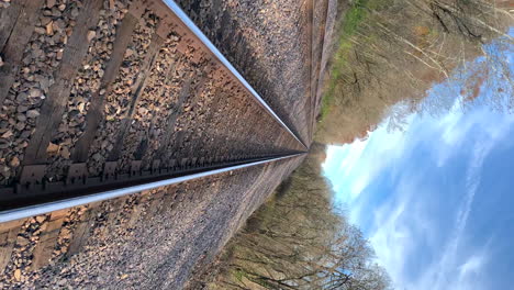 barrel roll view of empty train tracks traveling through an autumn forest during midday