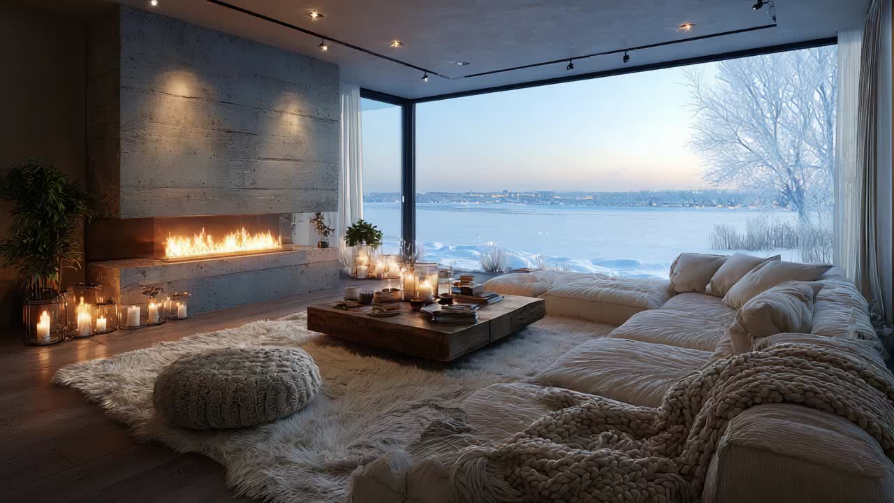 A Cozy Winter Evening in a Modern Living Room with a Panoramic View of Snowy Landscapes at Dusk, Featuring a Warm Fireplace Surrounded by Candles and a Plush Sofa, Ideal for Relaxation and Comfort