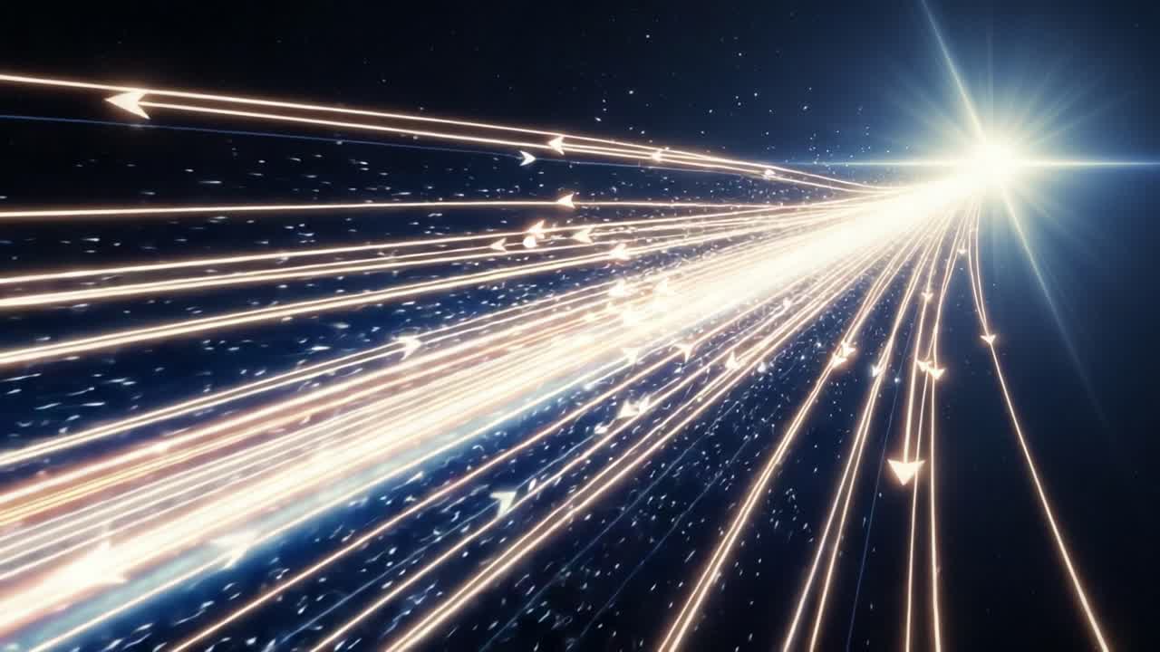 Dynamic Visualization of Light Rays with Directional Arrows Representing Motion Through Space, Highlighting the Fusion of Energy and Movement in a Cosmic Artistry
