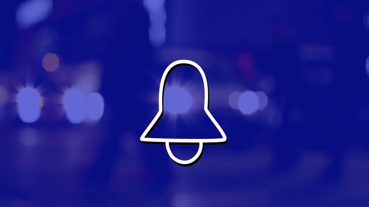 파란색 배경에 밤에 도시 풍경 위의 종 아이콘의 애니메이션