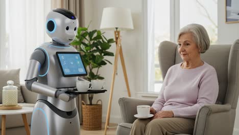 a friendly robot assists an elderly woman by serving tea in a cozy living room, highlighting the integration of technology and compassionate care in daily life
