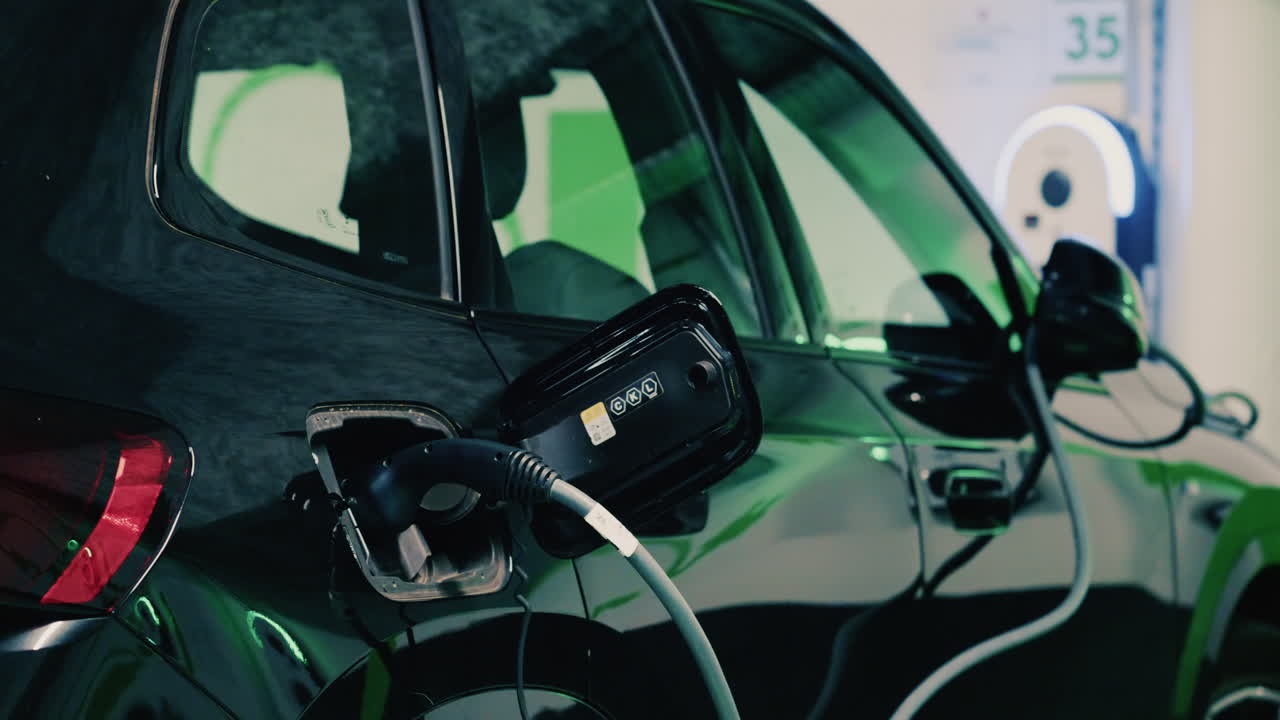 Şarj istasyonuna takılı siyah bir elektrikli arabanın yakın çekim görüntüsü